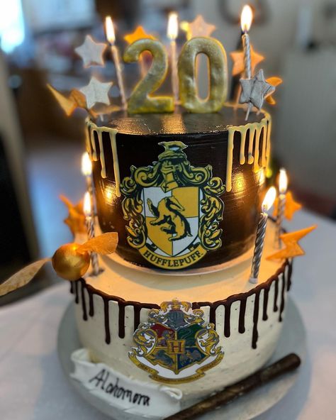 Perfect for Harry Potter Fans! Hufflepuff Cake, Harry Potter Birthday Cake Hufflepuff, Homemade Harry Potter Cake, Buttercream Harry Potter Cake, Harry Potter Cake Two Tier, Hedgewig Owl Harry Potter Cake, Harry Potter Food, Harry Potter Cake, 13th Birthday