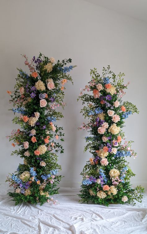 Colourful whimsical faux floral pillars to rent for wedding toronto Diy Floral Pillars, Broken Arch Wedding, Flower Pillars Wedding, Floral Pillars, Joyful Wedding, Wedding Pillars, Southern Ontario, Wedding Arches, Ceremony Flowers