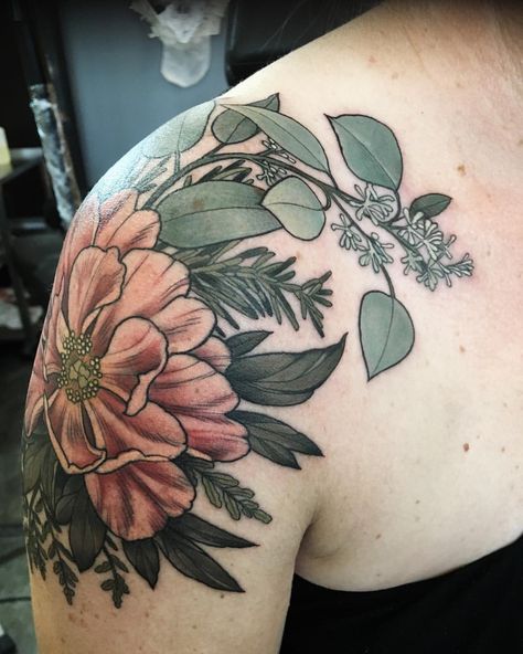 Claire Tattoo, Cap Sleeve Tattoos, January Tattoo, Flower Vine Tattoos, Cap Tattoo, Tattoo Fixes, Colored Tattoo, Shoulder Cap Tattoo, Lower Arm Tattoos