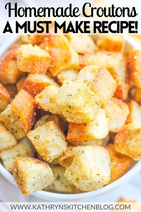 These easy homemade garlic croutons are crispy, savory, and delicious! The best croutons for salads and soups, this simple recipe is flavorful and perfect for whenever you need some crunch! #croutons #salad #homemadecroutons #easyrecipe #bread Croutons Recipe, Garlic Croutons, Crouton Recipes, Tasty Bread Recipe, Leftover Bread, Croutons Homemade, Ciabatta Bread, Fun Salads, Main Dish Salads