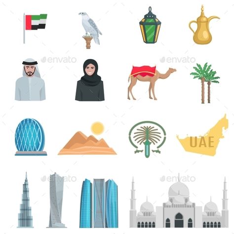 United arab emirates flat Icons with symbols of state and cultural objects isolated vector illustration. Editable EPS and Render i Culture Drawing Ideas, Uae Culture And Heritage, Uae Heritage, Heritage Drawing, Uae Culture, Ramadan Printables, Culture Drawing, Uae Flag, Dubai Activities