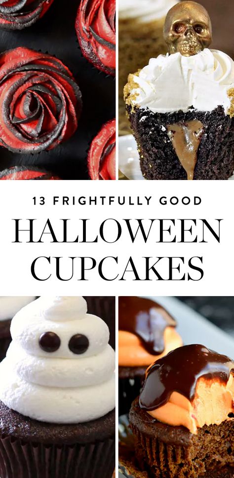 Here are 13 creative cupcakes to whip up this Halloween. #halloween #cupcakeideas Halloween Chocolate Cupcakes, Halloween Cupcakes Recipes, Halloween Cupcakes Flavors, Halloween Pumpkin Cupcakes, Halloween Inspired Cupcakes, Halloween Desserts Cupcakes, Halloween Desserts Easy Cupcakes, Elegant Halloween Desserts, Wedding Cupcakes Halloween