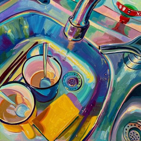 Kitchen Art Drawing, Vibrant Art Aesthetic, Kitchen Oil Painting, Kitchen Sink Painting, Kitchen Sink Illustration, Kitchen Sink Drawing, Sink Illustration, Sink Painting, Kitchen Painting Art