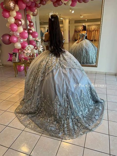 Gray Blue Quinceanera Dresses, Grey Quince Dresses, Grey Quinceanera Dresses, Silver Quinceanera Dresses, Quince Pics, Blue Quince Dress, Quince Planning, Blue Quince, Quinceanera Dresses Blue