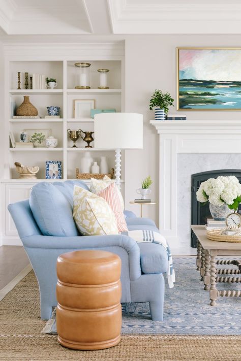 Light Blue Sofa, Bria Hammel Interiors, Bria Hammel, Transitional Decor Living Room, Cottage Living Rooms, Coastal Living Room, Transitional Living Rooms, Cottage Living, Living Room Colors