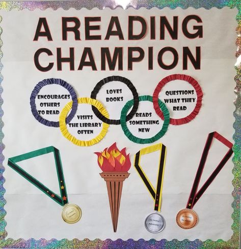 Reading champion qualities. Olympic Library Display, Champion Theme Classroom, Library Olympics, Olympic Bulletin Board, Sports Bulletin Boards, Public Library Programs, Classroom Colors, Library Window, Sports Classroom