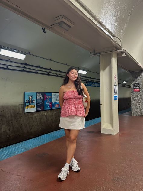 red gingham top, mini skirt, white skirt, new balance 530, cherry bag charm, pop of red Red Gingham Top, Cherry Bag, Summer Gingham, Mini Skirt White, Gingham Top, Pop Of Red, Gingham Tops, Red Gingham, Skirt White