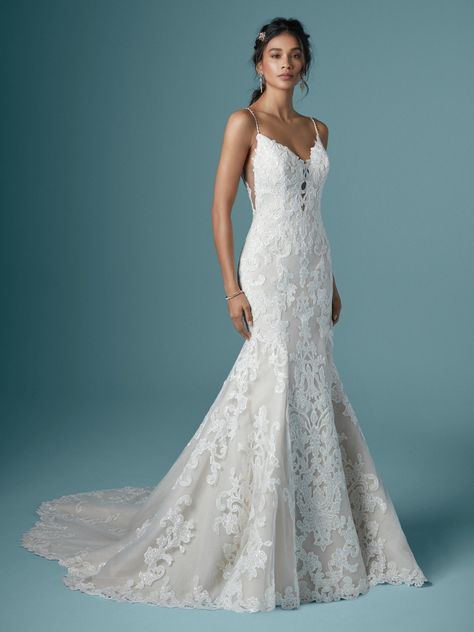 Maggie Sottero - LUCRETIA, To level up in all things romantic and nature-inspired, consider this mermaid wedding dress—featuring subtle illusion, soft shimmer, and a gorgeous petal-shaped train.