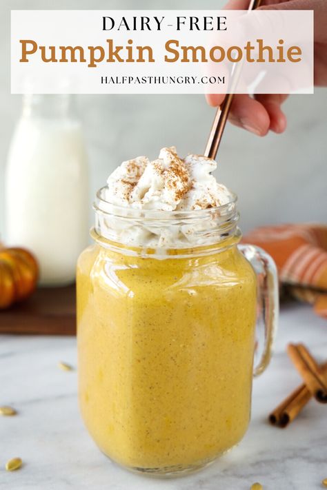 This Dairy Free Pumpkin Smoothie is like having pumpkin pie in a cup. It’s made with wholesome ingredients like pumpkin puree, rolled oats and is made without banana. It’s naturally sweetened and filled with warm spices like cinnamon and nutmeg. It’s made with only 8 ingredients and it’s ready in under 5 minutes. It's the perfect fall smoothie and a delicious sweet treat! Smoothies are a great way to get added nutrition for breakfast or as a snack. You can even add protein for extra boost. Banana Pumpkin Smoothie, Southern Collard Greens Recipe, Pumpkin Pie In A Cup, Pie In A Cup, Smoothie Without Banana, Fall Smoothies, Southern Collard Greens, Apple Pie Smoothie, Dairy Free Pumpkin