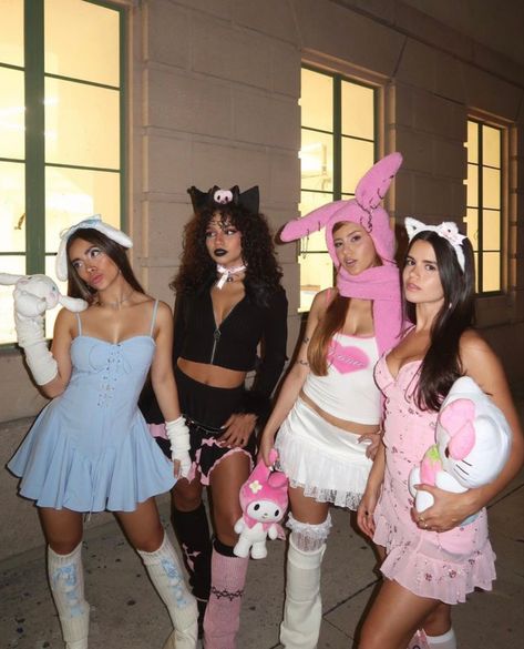 4 Halloween Costumes Friends, Rave Duo Outfits, Costume Group Of 4, Sanrio Rave Outfit, Halloween Costumes Hello Kitty, Sanrio Halloween Costume, Group Costume Ideas For 4, Iconic Trios Female, Sanrio Costumes