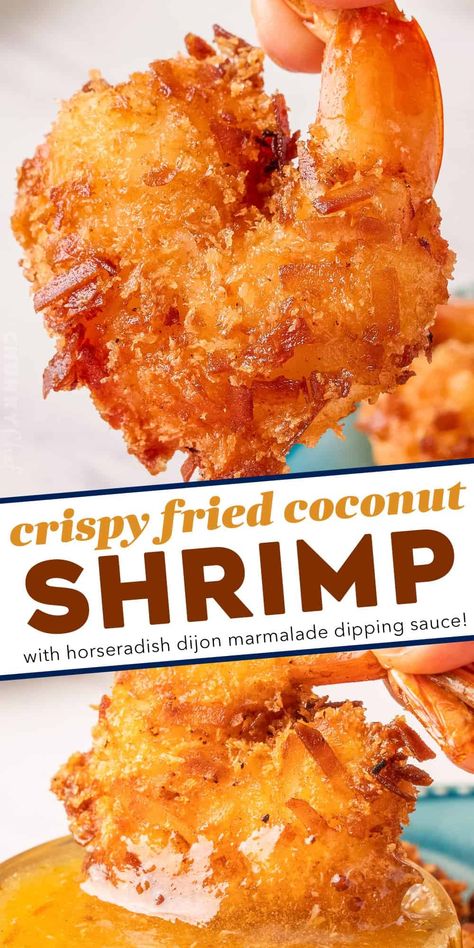 Fried coconut shrimp are made with a crunchy golden brown, slightly sweet coating, fried until perfectly crisp on the outside and juicy inside. Pair them with a spicy and sweet horseradish marmalade sauce and you'll have a mouthwatering tropical seafood dinner or appetizer! Marmalade Sauce, Seafood Cravings, Battered Shrimp, Tropical Recipes, Asian Seafood, The Chunky Chef, Coconut Shrimp Recipes, Chunky Chef, Delicious Seafood Recipes