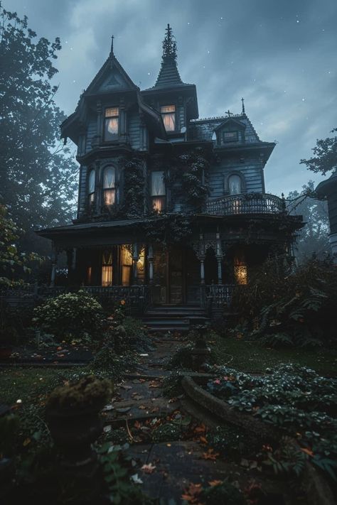 Villain House Design, Vampire Manor, Goth Mansion, Aesthetic House Exterior, Haunted House Pictures, Foggy Woods, Gothic Victorian House, Victorian Punk, Gothic Manor