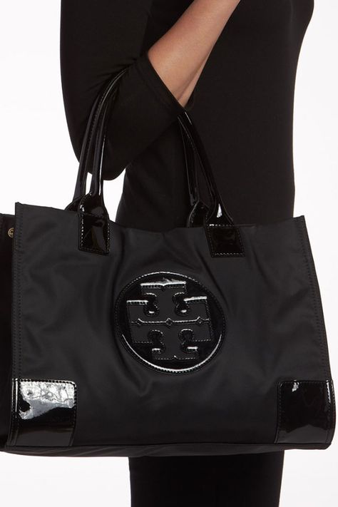 Nylon Ella Tote in black -Tory Burch Ella Tote, Tory Burch Ella, Fashion Journals, Bags Designer Fashion, Tory Burch Bag, Python, Canvas Tote, Tory Burch, Duffle Bag