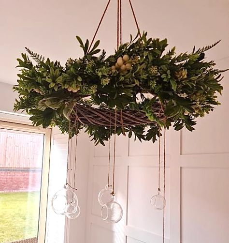 Ceiling Wreath, Chandelier Wreath, Wreath Chandelier, Hanging Tea Lights, Christmas Chandelier, Outdoor Chandelier, Candle Wreaths, Christmas Decor Inspiration, Hanging Chandelier