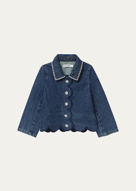 K29P8 Self-Portrait Girl's Jewel Scalloped Denim Jacket, Size 3T-12 Denim Shirts For Girls, Ropa Upcycling, Daily Fashion Inspiration, Jacket Denim, Designer Kids Clothes, Dress Shapes, Portrait Girl, Clothes And Accessories, Girls Jacket