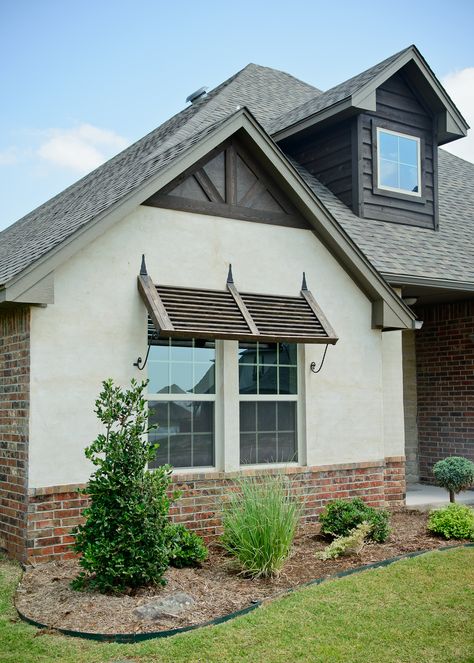 Beacon Homes: Hawkins Point floor plan with Bermuda shutter, ivory buff stucco, and brick wainscoting Bermuda Shutters, Window Shutters Exterior, Stucco Colors, Bahama Shutters, Window Trim Exterior, Stucco Homes, Stucco Exterior, Pintura Exterior, Shutters Exterior