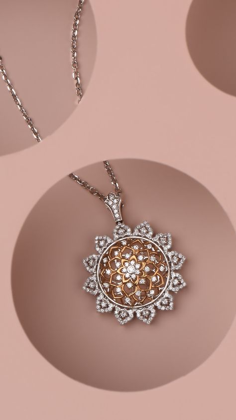 AZVA floral pendant in 18k gold studded with diamonds. Pendant Photography Ideas, Diamond Jewelry Photoshoot, Diamond Jewellery Photography, Pendant Photography, Polki Diamond Jewellery, Jewelry Product Shots, Creative Jewelry Photography, Jewelry Photography Styling, Diamond Pendants Designs