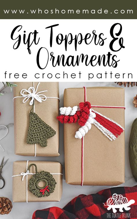 pinterest pin for the christmas tree ornament crochet patterns by The Turtle Trunk How To Wrap Crochet Gift, Free Knitted Christmas Wreath Patterns, Crochet Gift Wrapping Ribbon, Tree Topper Pattern, Crochet Gift Ribbon, Crochet Christmas Gift Tags Free Pattern, Gift Wrapping With Yarn, Crochet Gift Wrap, Crochet Gift Topper