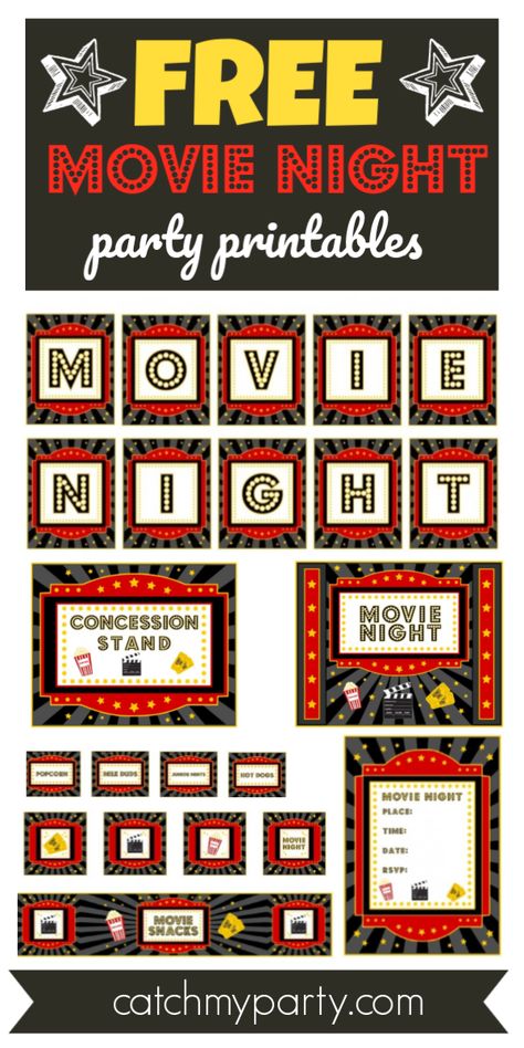 If you love going to the movies and are planning a movie night party, then these FREE movie night printables are just what you need to create some movie theatre magic! Imagine the fun you and your guests could have lounging around on some comfy poufs and watching a fun movie. So, get the popcorn ready. The movie is about to start! See more party ideas and share yours at CatchMyParty.com #catchmyparty #partyideas #movienightparty #freemovienightprintables #movienightpartydecorations Movie Night Party Decorations, Movie Theatre Birthday Party, Movie Night Poster, Movie Night Printables, Movie Theater Party, Birthday Movie Night, Diy Movie Night, Movie Theme Birthday Party, Cinema Party