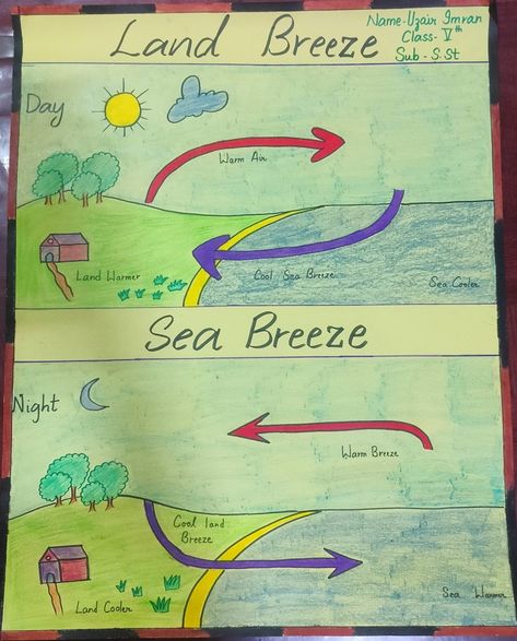 Easy chart project of school of sea and land breeze Land Breeze And Sea Breeze, Science Chart, School Science Projects, Chart Paper, Land And Sea, Kids' Crafts, Sea Breeze, Science Projects, Paper Projects