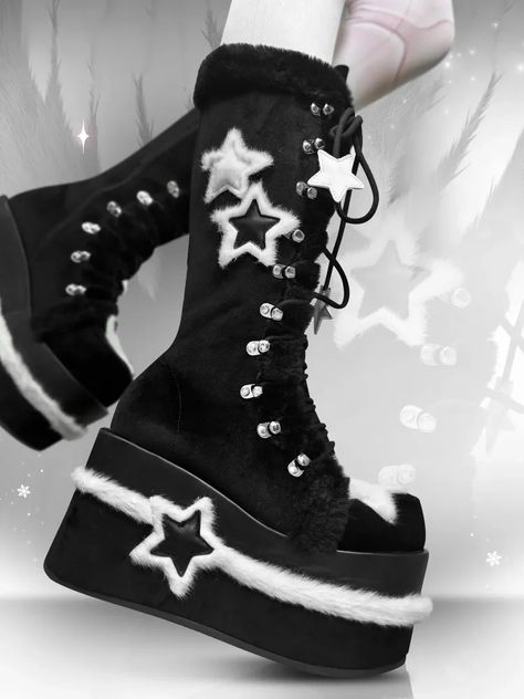 Fleece Star Patches Winter Black Platform Boots Winter Demonia Boots, Black Platform Lace Up Boots, Goth Outfits Platforms, Shoes Cute Aesthetic, Star Platform Shoes, Shoe Styles 2024, Star Inspired Outfits, Winter Boots Aesthetic, Platform Boots Aesthetic