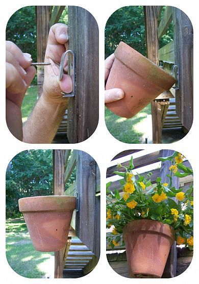 How to Hang Clay/Terracotta Pots. TIP: Create a feature & maximize vertical space by hanging one pot above the other. When you water, any excess moisture will filter down to the pot below. Hide an ugly fence or wall with a series of hanging pots filled with colour or herbs. More inspiring ideas @ http://www.hometalk.com/b/179175/garden-inspiration. | The Micro Gardener Tile Garden, Jardim Diy, Kids Garden, Pot Hanger, Garden Mini, How To Hang, Garden Path, Hanging Pots, Party Diy