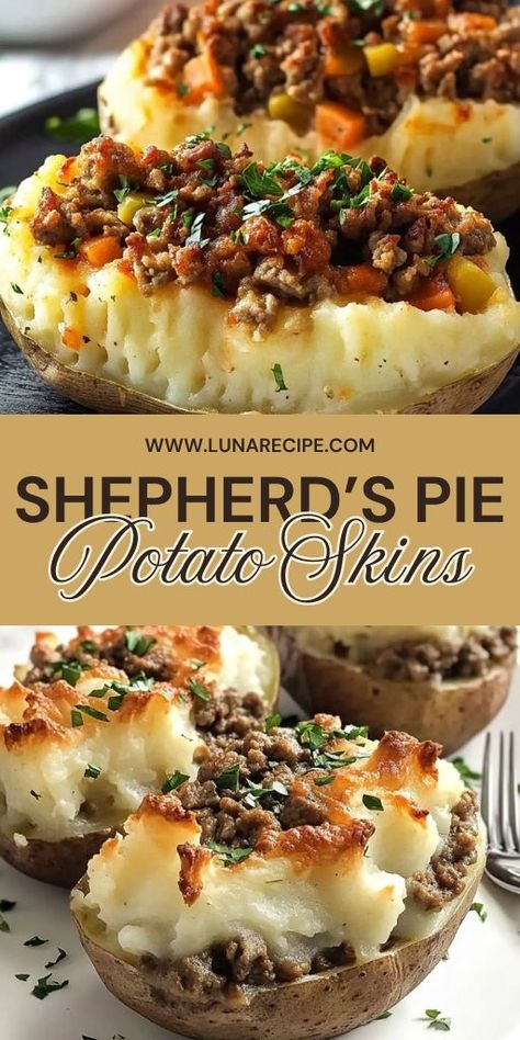 Bring a new twist to a classic dish with these Shepherd’s Pie Potato Skins! 🥔 Crispy potato skins stuffed with savory ground beef, veggies, and topped with creamy mashed potatoes, baked to golden perfection. 🧀 Perfect for parties, game day, or a cozy dinner, these stuffed potato skins are comfort food at its best. Save this Pin and enjoy a bite-sized version of shepherd's pie! Click for the full recipe and make them today! #ShepherdsPie #PotatoSkins #ComfortFood #AppetizerIdeas #GameDaySnacks Shepherds Pie Potato, Mashed Potatoes Baked, Stuffed Potato Skins, Crispy Potato Skins, Stuffed Potato, Potatoes Baked, Game Day Snacks, Shepherd's Pie, Potato Skins