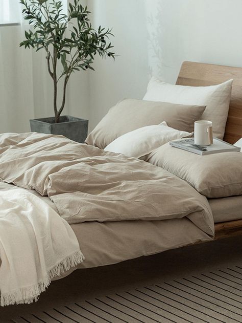 Solid Duvet Cover Set Without FillerI discovered amazing products on SHEIN.com, come check them out! H&m Bedroom, Beige Bed Sheets, Cama Ikea, Random Decor, Nordic House, Bedroom Ideas Aesthetic, House Deco, Ikea Bed, Beige Bed