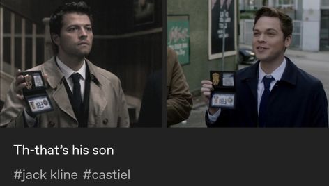 Jack and Castiel holding their FBI badges upside down parallel Jack Kline And Castiel, Jack And Castiel, Jack Kline Fanart, Castiel And Jack, Jack Kline Supernatural, Supernatural Finale, Jack Kline, Supernatural Comic, Spn Memes