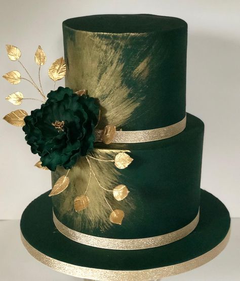 A 2 Tier Emerald Green Engagement Cake with Gold Brush Strokes and Peony! Tiers in Salted Caramel and Red Velvet! Massive Congratulations… Wedding Dresses With Emerald Green Accents, Green Cakes Wedding, Emerald Green Gold Cake, Emerald Green Gold And White Wedding Cake, 2 Tier Wedding Cake Emerald Green, Wedding Cake Ideas Emerald Green, Green Birthday Cakes 2 Tier, Black Green And Gold Wedding Cake, Wedding Cakes Dark Green