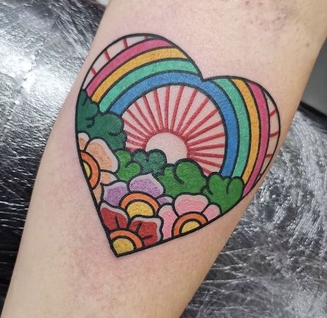 Rainbow Tattoo Traditional, Rainbow With Clouds Tattoo, American Traditional Rainbow Tattoo, 70s Tattoo Vintage, Bubblegum Traditional Tattoo, Flower Child Tattoo, Pride Tattoo Ideas, Groovy Tattoo, Rainbow Heart Tattoo