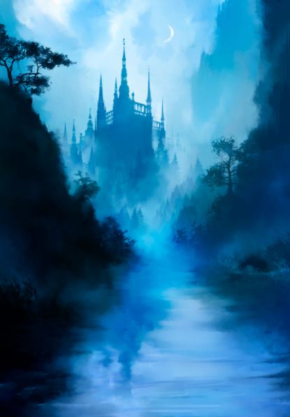 A beautiful fairytale landscape with a river in the foreground, and a huge tall castle in the distance, with many towers, it is shrouded in fog, we see a crescent moon in the sky. 2d Castle Illustration Fairytale, Celestial Castle, Tall Castle, Castle In The Distance, Fairytale Landscape, Moon In The Sky, Castle Illustration, Gothic Castle, Haunted Castle