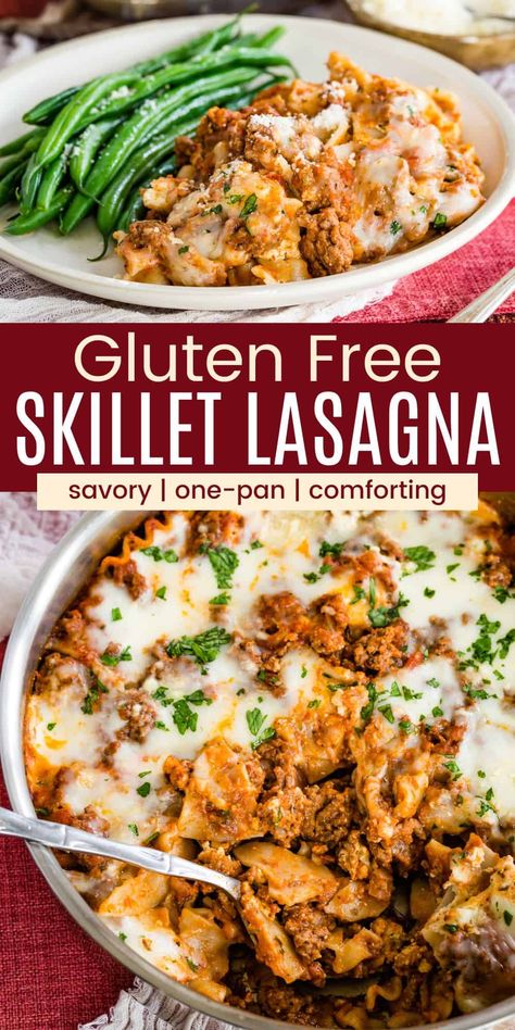 Gluten-Free Skillet Lasagna is fast and easy comfort food with all the savory flavors of a classic Italian-style lasagna. This one-pot dinner recipe is destined to become a family favorite, made from hearty meat sauce layered with gluten-free pasta and melty ricotta cheese with plenty of mozzarella and parmesan on top. Lasagna No Boil Noodles, Skillet Lasagna Easy, Recipes With Lasagna Noodles, Gluten Free Lasagna Recipe, Lasagna Cupcakes, Lasagna With Ricotta, Italian Dinners, Gluten Free Meal Prep, Skillet Lasagna