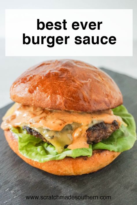 Creamy, tangy Burger Sauce made with caramelized onions and diced pickles. Perfect for your favorite burger! Burger Sauce Recipe, Best Burger Sauce, Burger Sliders Recipes, Burger Sauces Recipe, Burger Bowl, Club Sandwich Recipes, Salmon Patties Recipe, Onion Burger, Breakfast Burger