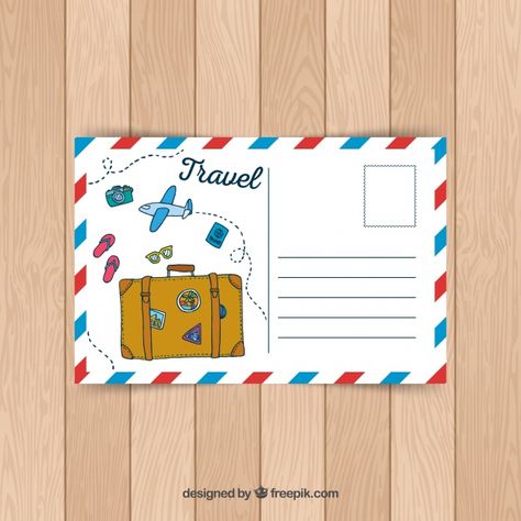 Travel postcard template in hand drawn style Free Vector Postcard Design Inspiration, Best Travel Journals, Postcard Layout, Printable Note Cards, Gift Tags Birthday, Free Postcards, Holiday Program, Travel Card, Fabric Postcards