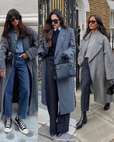 Black Pea Coat Outfit, Long Grey Coat Outfit, Work Fashion Office, Grey Coat Outfit, Long Grey Coat, Iranian Women Fashion, Business Outfits Women, London Outfit, Casual Work Outfits