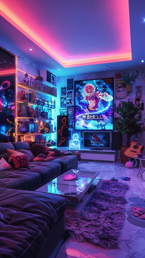 Hyper Realistic Clean Living Room with Neon Art Dark Neon Room, Chill Room Ideas Lounges, Neon Living Room, Cyberpunk Living Room, Game Lounge, Chill Room Ideas, Clean Living Room, Lofted Cabin, Punk Room