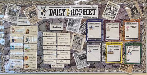 Daily Prophet Bulletin Board, Harry Potter Bulletin Board, College Bulletin Boards, Science Homework, Daily Prophet, Harry Potter Classroom, Door Decs, Spelling Test, 4th Grade Classroom