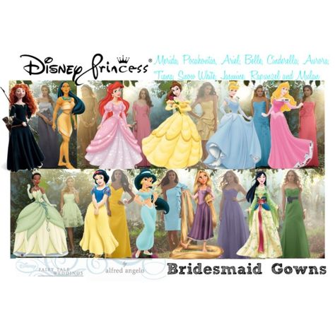 Disney Princess Bridesmaid Gowns by Alfred Angelo by bethan-amy-jones on Polyvore featuring polyvore, fashion, style, Angelo, Disney, Merida, clothing and disney Disney Bridesmaids Dresses, Disney Bridesmaid Dresses, Disney Princess Bridesmaids, Quinceanera Decor, Disney Bridesmaids, Dawn Wedding, Disney Merida, Disney Wedding Rings, Amy Jones