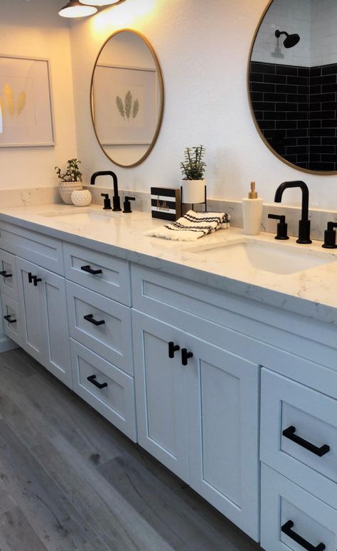 White Vanity Grey Countertop, White Double Sink Bathroom Vanity Black Hardware, Greige Bathroom Ideas, White Cabinets Black Hardware, Guests Bathroom, Greige Bathroom, Grey Bathroom Floor, Bathroom Revamp, Apartment 2023