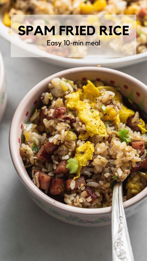 Small bowl filled with spam fried rice 10 Min Meals, Spam Fried Rice, Asian Dinners, Pantry Ingredients, Cheap Easy Meals, Leftover Rice, Rice Dish, Asian Fusion, Dinner Inspiration