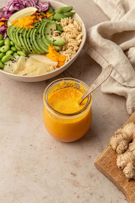 carrot ginger dressing - The Ginger People -NWK Creative 4 Chickpea Rice Bowl, Chickpea Rice, Carrot Dressing, Ginger People, Carrot Ginger Dressing, Rice Bowl Recipe, Rice Bowls Recipes, Ginger Dressing, Carrot And Ginger