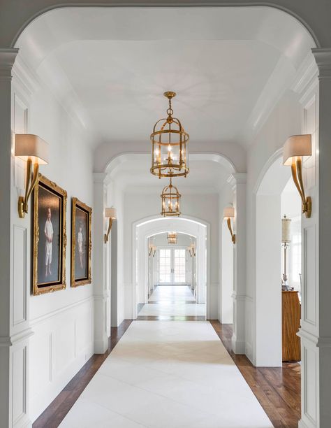 Hallway Chandelier, Interior Light Fixtures, Hallway Light Fixtures, School House Lighting, Hallway Inspiration, Upstairs Hallway, Hallway Designs, Hallway Design, Long Hallway