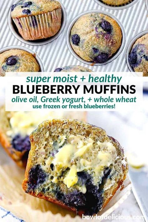 Whole Wheat Blueberry Muffins Healthy, Blueberry Muffins With Greek Yogurt, Frozen Blueberry Muffins, Greek Yogurt Blueberry Muffins, Whole Wheat Blueberry Muffins, Blueberry Yogurt Muffins, Baking With Olive Oil, Greek Yogurt Muffins, Whole Wheat Muffins