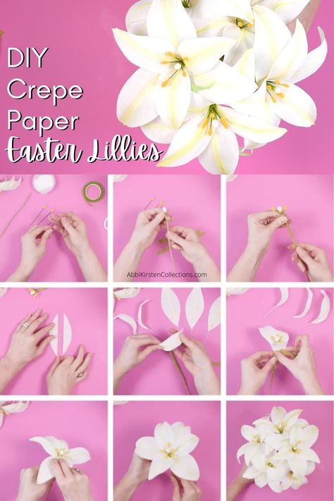 In today’s paper flower tutorial I will show you how to create a traditional white Easter lily paper flower. These fresh blooms take a little extra tender loving care but the end result is absolutely worth it! Whether you have just a pair of scissors or what to use your Cricut Maker to cut the crepe paper I’ve got you covered with the Easter lily PDF printable templates and SVG cut files. Lily Petal Template, Calla Lily Paper Flower, Paper Flower Lily, How To Make Lily Flower With Paper, Diy Lily Flower, Lily Paper Flower Template, Lily Flower Paper, Crepe Paper Lily, Paper Lily Flower