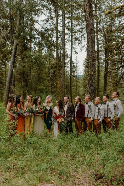 Woods Wedding Bridal Party, Bridesmaid Forest Wedding, Outdoor Earthy Wedding, Fairy Forest Wedding Bridesmaids, Farm Wedding Bridal Party, Hippie Wedding Bridesmaid Dress, Boho Wedding In The Woods, Wildflower Woods Wedding, Summer Earthy Wedding