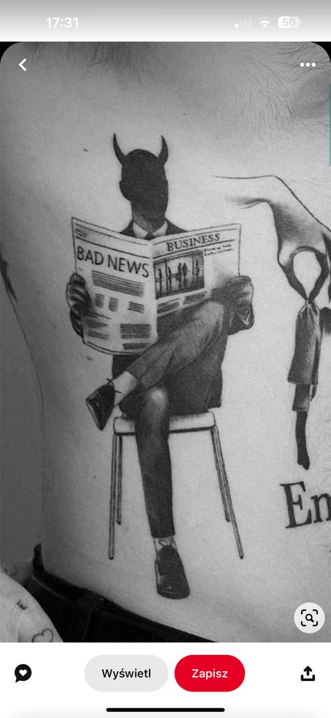 Mens Black Tattoos, Black Ink Tattoos Men, Bad News Tattoo, Newspaper Tattoo Ideas, Scp Tattoo, Man Eater Tattoo, Devil Tattoo Men, Funny Skeleton Tattoo, Small Devil Tattoo