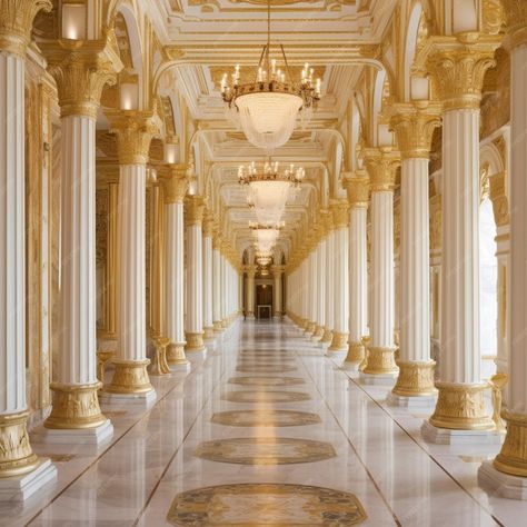 Baroque Flooring, Gold Hallway, Luxury Hallway, Gold Architecture, Baroque Interior Design, Castle House Design, Gold Palace, Gold House, Chandelier Gold