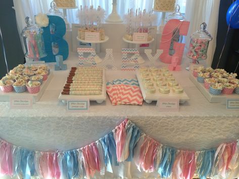 Sweet Simplicity Bakery — Gender Reveal Dessert/Candy Table in White, Pink... Gender Reveal Snack Table, Gender Reveal Food Table, Gender Reveal Table Decorations, Gender Reveal Candy Table, Gender Reveal Dessert Table, Gender Reveal Candy, Gender Reveal Dessert, Gender Reveal Food, Gender Reveal Party Food