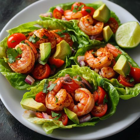 🍤🌮 Fresh, healthy, and delicious! Try our Taco Shrimp Lettuce Wraps today! 🥬✨ #HealthyEats #TacoTime Healthy Taco Shrimp Lettuce Wraps Ingredients: Shrimp (1 lb, peeled and deveined) Olive oil (2 tbsp) Taco seasoning (1 tbsp) Romaine lettuce leaves (8 large) Cherry tomatoes (1 cup, halved) Red onion (1/2, diced) Avocado (1, sliced) Lime (1, cut into wedges) Fresh cilantro (1/4 cup, chopped) Salt (to taste) Black pepper (to taste) Instructions: Heat olive oil in a skillet over medium-high ... Lettuce Shrimp Tacos, Shrimp Taco Lettuce Wraps, Shrimp Tacos Lettuce Wraps, Taco Shrimp, Tacos Shrimp, Deficit Meals, Shrimp Lettuce Wraps, Healthy Taco, Lettuce Tacos